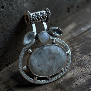 Rainbow Moonstone Gemstone Silver Pendant 925 stamped with carved glass accents